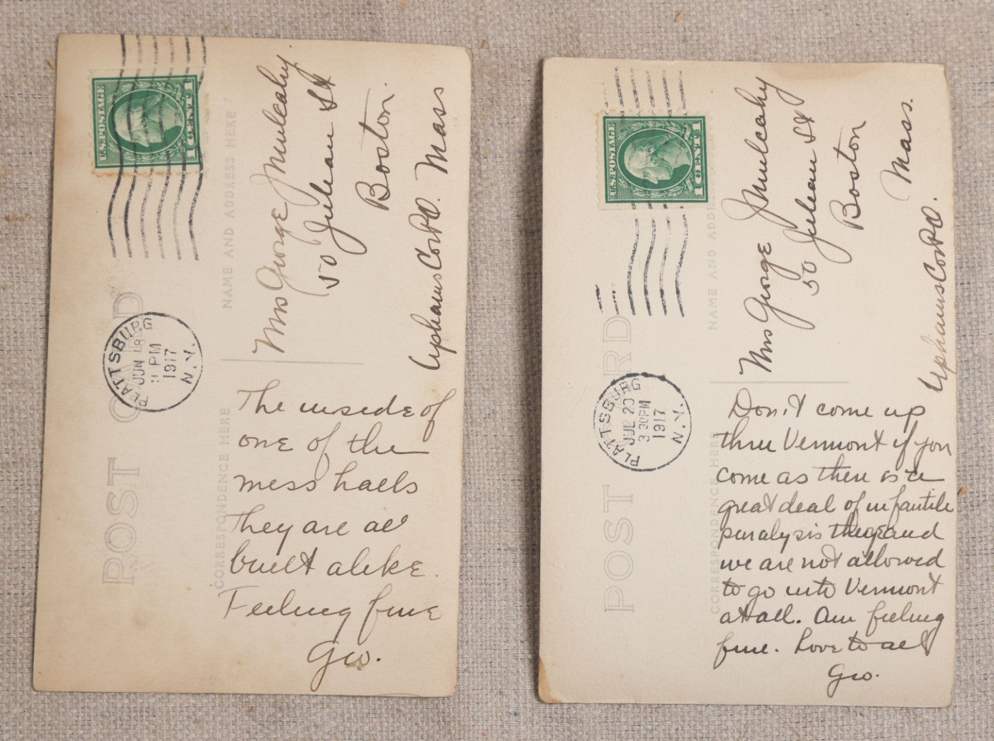 Lot 111 - Grouping Of 25 World War I Era Postcards, Mostly R.P.P.C.., From George F.A. Mulcahy, Including Training Scenes At Plattsburgh And Camp Devens, Barracks Interior, Rifle Training, Map Reading, And Marching