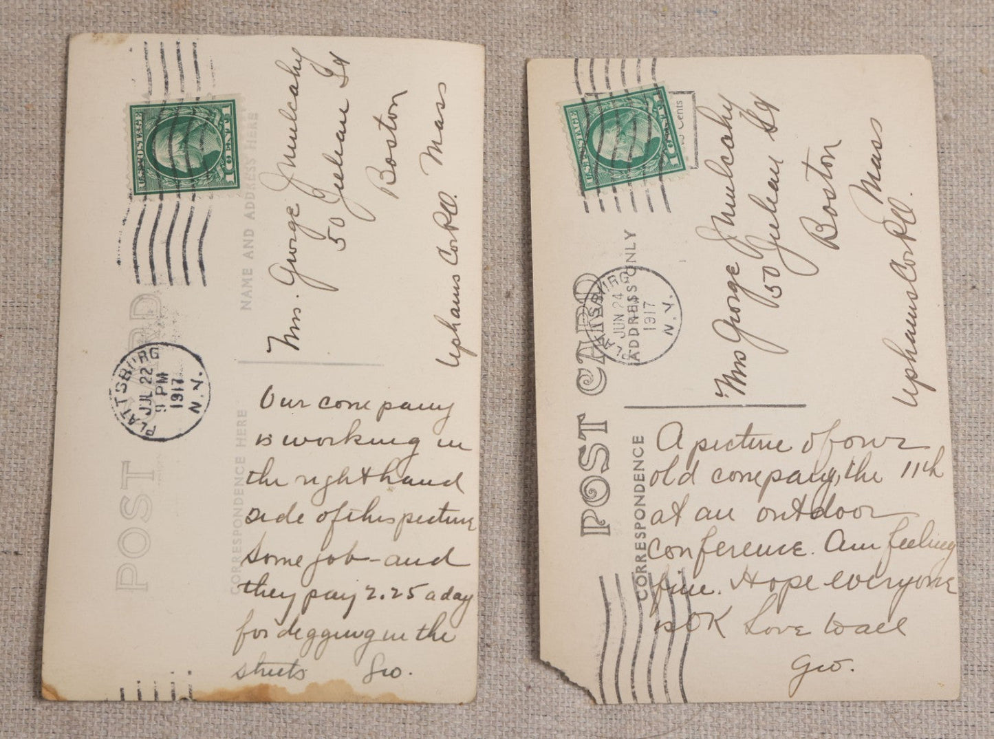 Lot 111 - Grouping Of 25 World War I Era Postcards, Mostly R.P.P.C.., From George F.A. Mulcahy, Including Training Scenes At Plattsburgh And Camp Devens, Barracks Interior, Rifle Training, Map Reading, And Marching