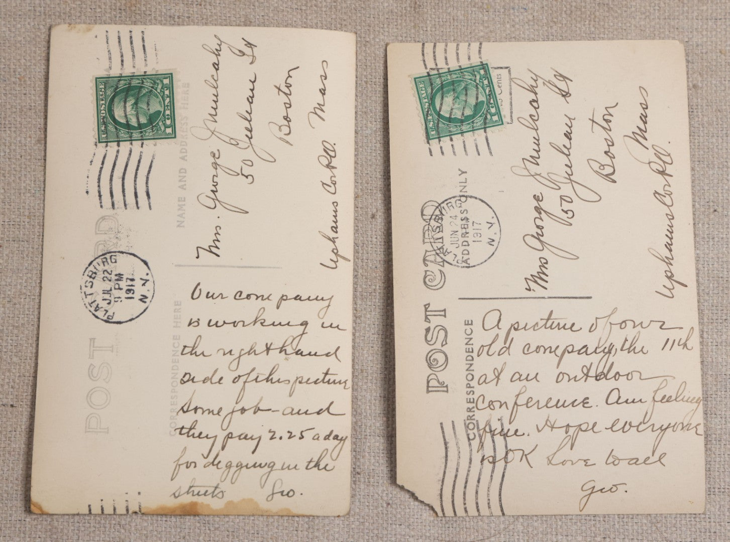 Lot 111 - Grouping Of 25 World War I Era Postcards, Mostly R.P.P.C.., From George F.A. Mulcahy, Including Training Scenes At Plattsburgh And Camp Devens, Barracks Interior, Rifle Training, Map Reading, And Marching