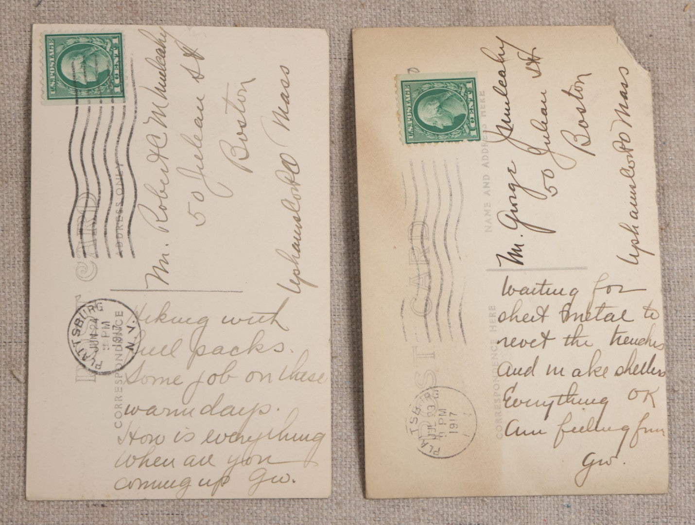 Lot 111 - Grouping Of 25 World War I Era Postcards, Mostly R.P.P.C.., From George F.A. Mulcahy, Including Training Scenes At Plattsburgh And Camp Devens, Barracks Interior, Rifle Training, Map Reading, And Marching