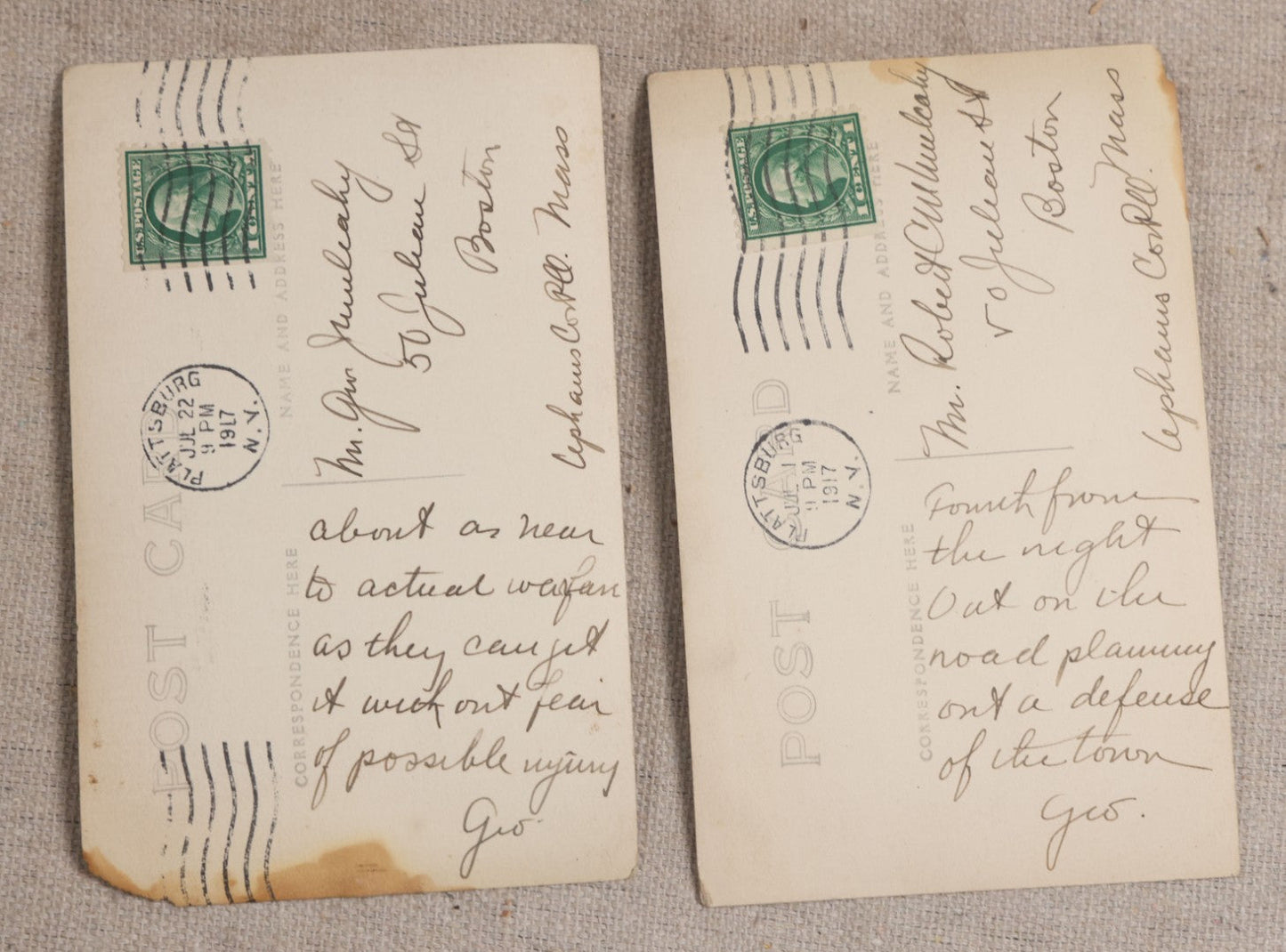 Lot 111 - Grouping Of 25 World War I Era Postcards, Mostly R.P.P.C.., From George F.A. Mulcahy, Including Training Scenes At Plattsburgh And Camp Devens, Barracks Interior, Rifle Training, Map Reading, And Marching