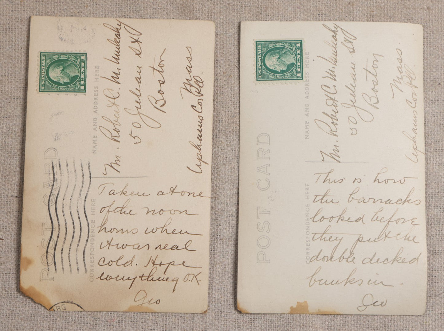 Lot 111 - Grouping Of 25 World War I Era Postcards, Mostly R.P.P.C.., From George F.A. Mulcahy, Including Training Scenes At Plattsburgh And Camp Devens, Barracks Interior, Rifle Training, Map Reading, And Marching