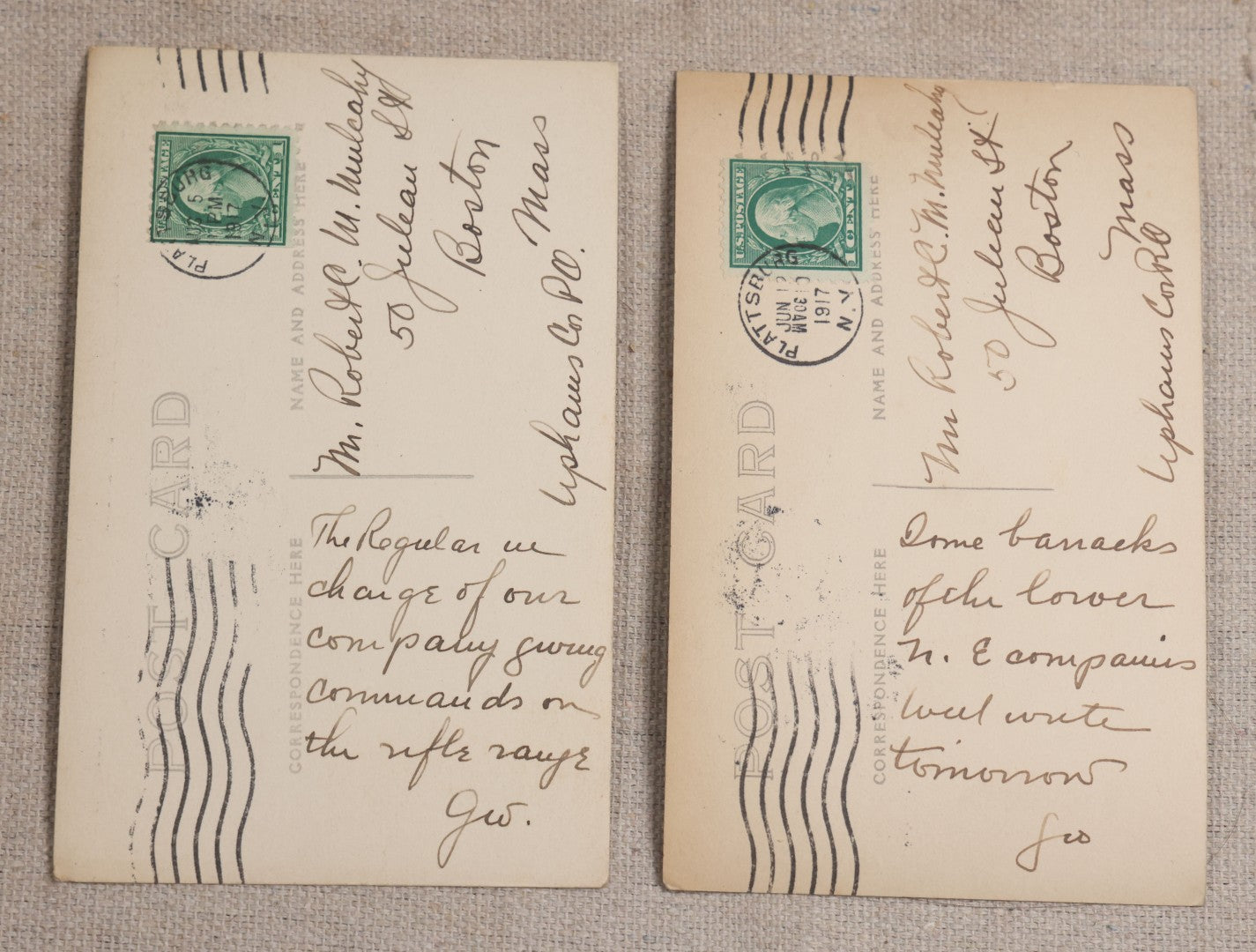 Lot 111 - Grouping Of 25 World War I Era Postcards, Mostly R.P.P.C.., From George F.A. Mulcahy, Including Training Scenes At Plattsburgh And Camp Devens, Barracks Interior, Rifle Training, Map Reading, And Marching