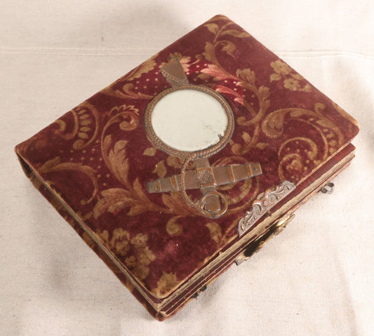 Lot 113 - Antique Victorian Red Velvet Photograph Album With Partial Brass Anchor Motif And Beveled Mirror, Approximately 40 Photos Including Cabinet Cards, C.D.V.s And Tintypes, Note Binding In Poor Condition