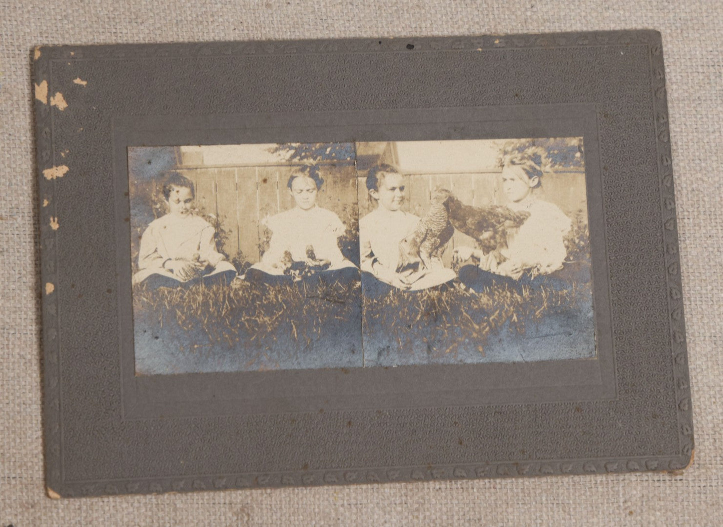 Lot 115 - Grouping Of Six Antique Board-Mounted Photographs Of Children, Including American Flag, Pet Bunnies, Pet Chickens, Doll In Pram, And Winter Sled Scene