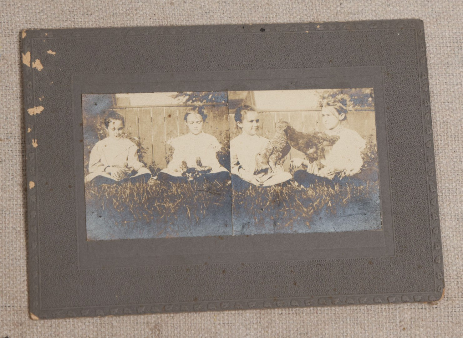 Lot 115 - Grouping Of Six Antique Board-Mounted Photographs Of Children, Including American Flag, Pet Bunnies, Pet Chickens, Doll In Pram, And Winter Sled Scene