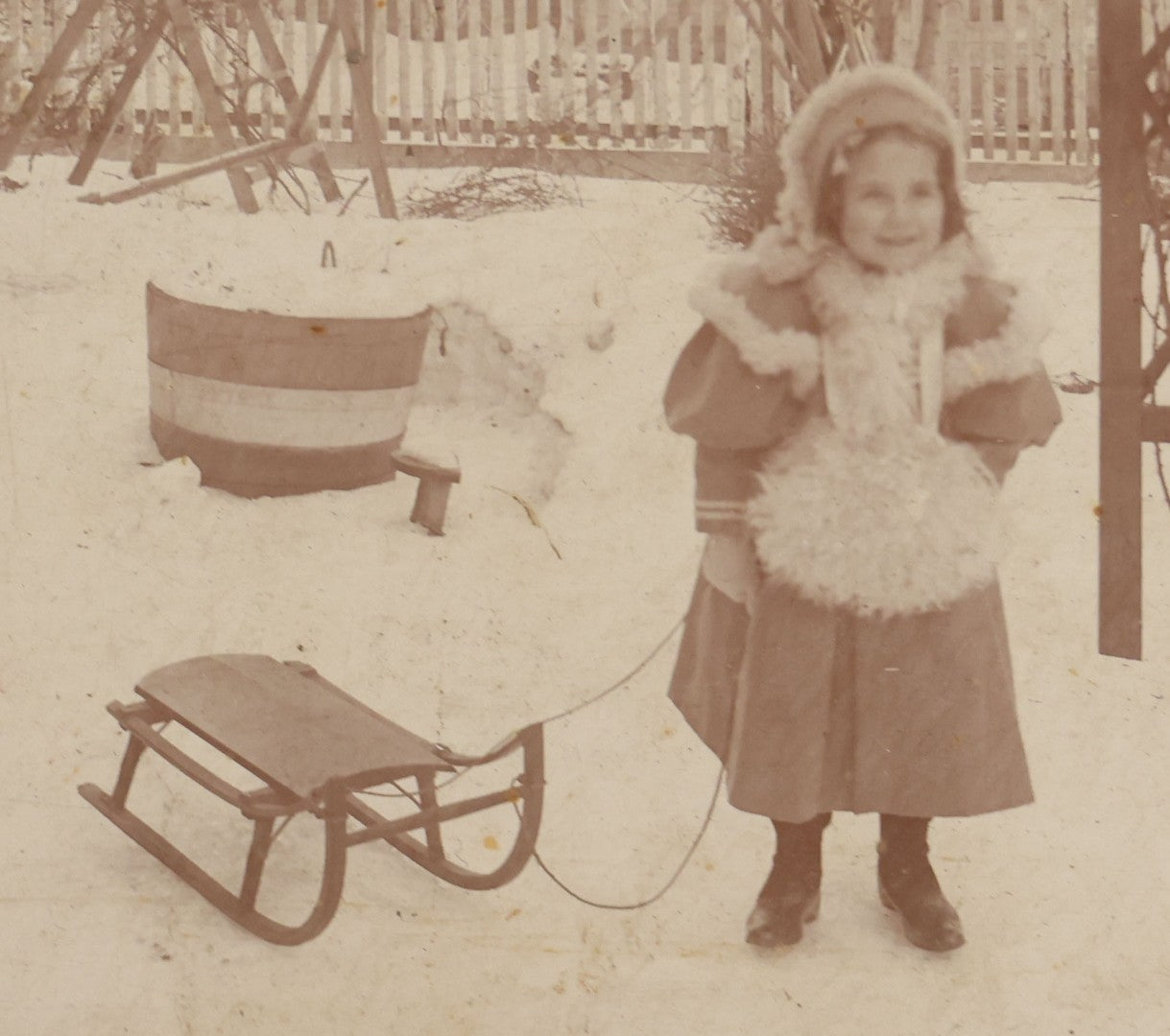 Lot 115 - Grouping Of Six Antique Board-Mounted Photographs Of Children, Including American Flag, Pet Bunnies, Pet Chickens, Doll In Pram, And Winter Sled Scene