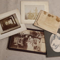Lot 116 - Grouping Of Five Antique Board-Mounted Photographs, Including Bird Hunting With Shotguns, Woman With Lute, Uniformed Man With Horn Lapel Pin, And Dog On A Stoop
