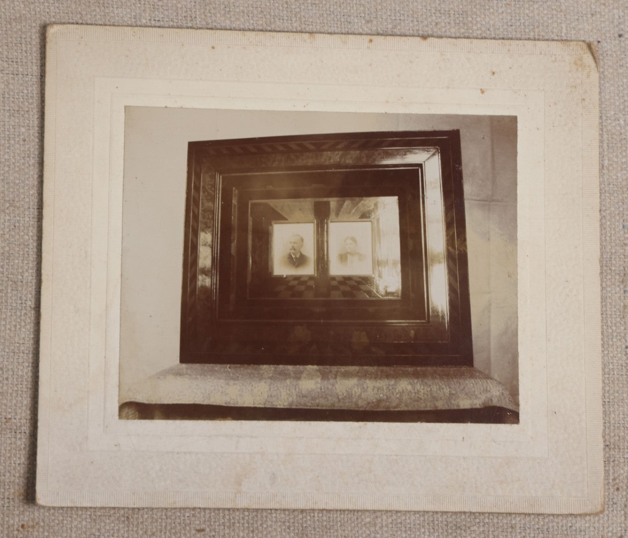 Lot 116 - Grouping Of Five Antique Board-Mounted Photographs, Including Bird Hunting With Shotguns, Woman With Lute, Uniformed Man With Horn Lapel Pin, And Dog On A Stoop