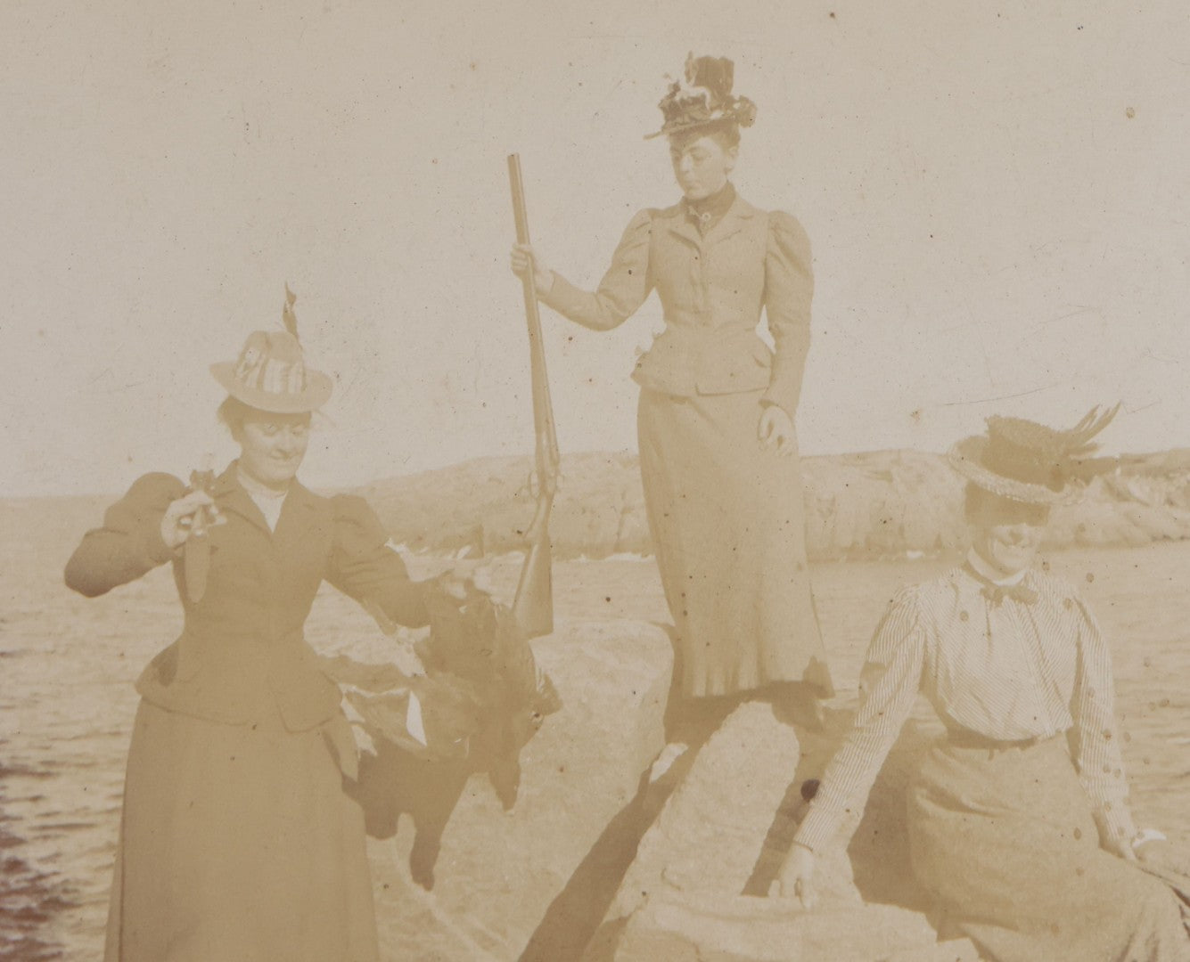 Lot 116 - Grouping Of Five Antique Board-Mounted Photographs, Including Bird Hunting With Shotguns, Woman With Lute, Uniformed Man With Horn Lapel Pin, And Dog On A Stoop