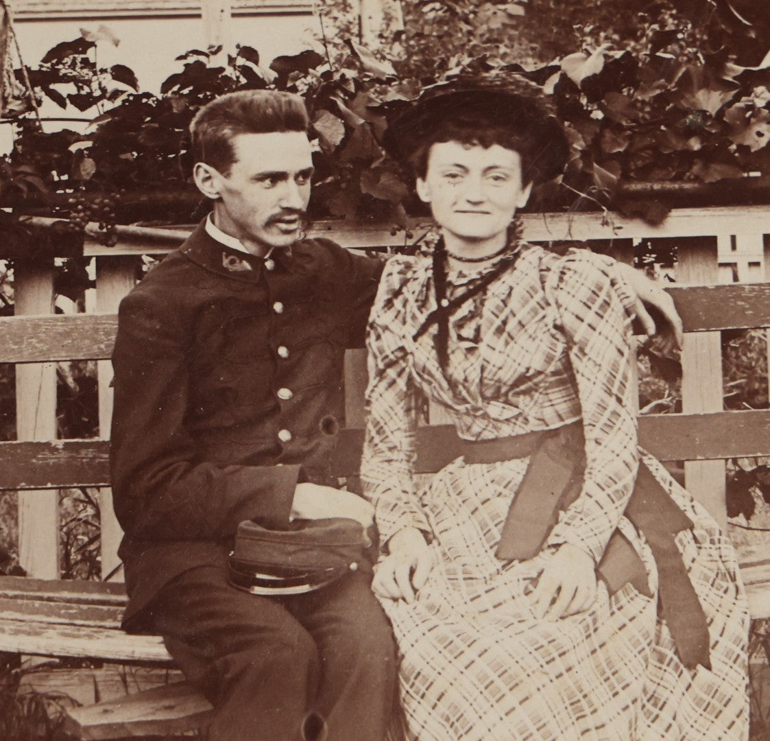 Lot 116 - Grouping Of Five Antique Board-Mounted Photographs, Including Bird Hunting With Shotguns, Woman With Lute, Uniformed Man With Horn Lapel Pin, And Dog On A Stoop