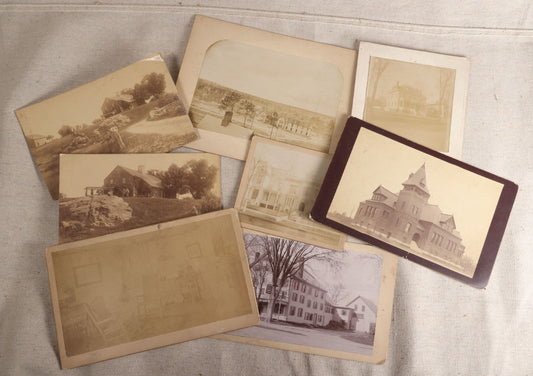 Lot 118 - Grouping Of Eight Antique Photographs Of Buildings Including Thornton Academy In Saco, Maine, Alfred House In Alfred, Maine, And A Phillips Academy Music Room Interior