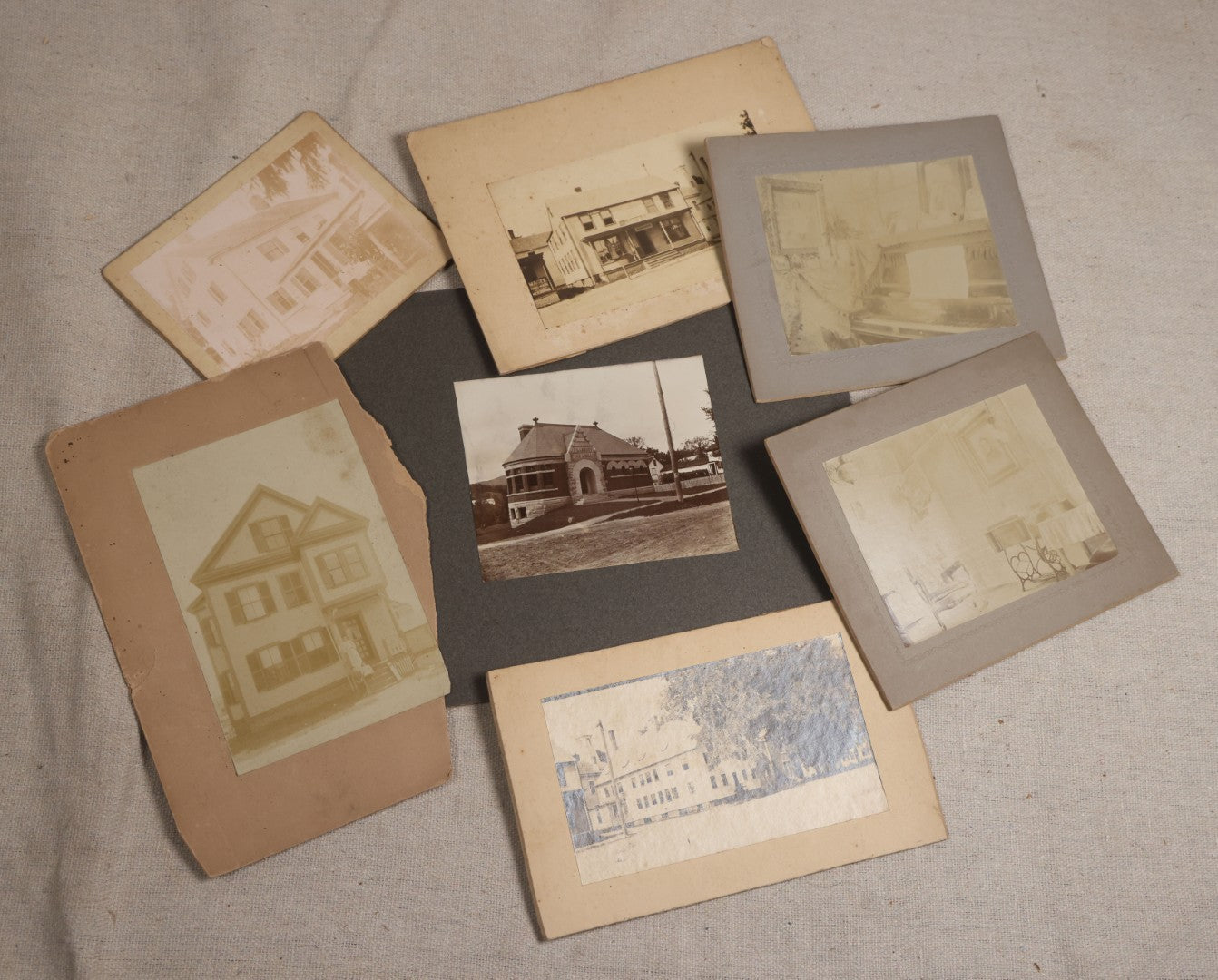 Lot 119 - Grouping Of Seven Antique Board-Mounted Photographs Of Buildings And Interiors, Including Pillsbury Free Library In Warner, New Hampshire, Georgetown, Massachusetts, Victorian Homes, And Parlor Interiors