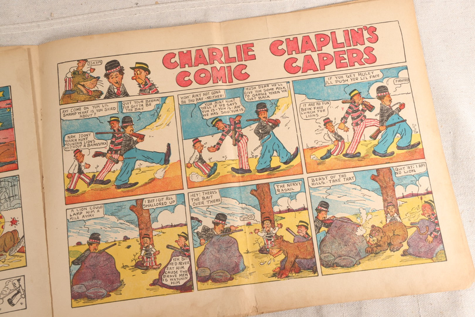 Lot 123 - "Charlie Chaplin's Funny Stunts" Antique Color Illustrated Comic Book, No. 380, Published By M. A. Donohue & Co., Chicago And New York, 1917, Note Large Fold Through Center