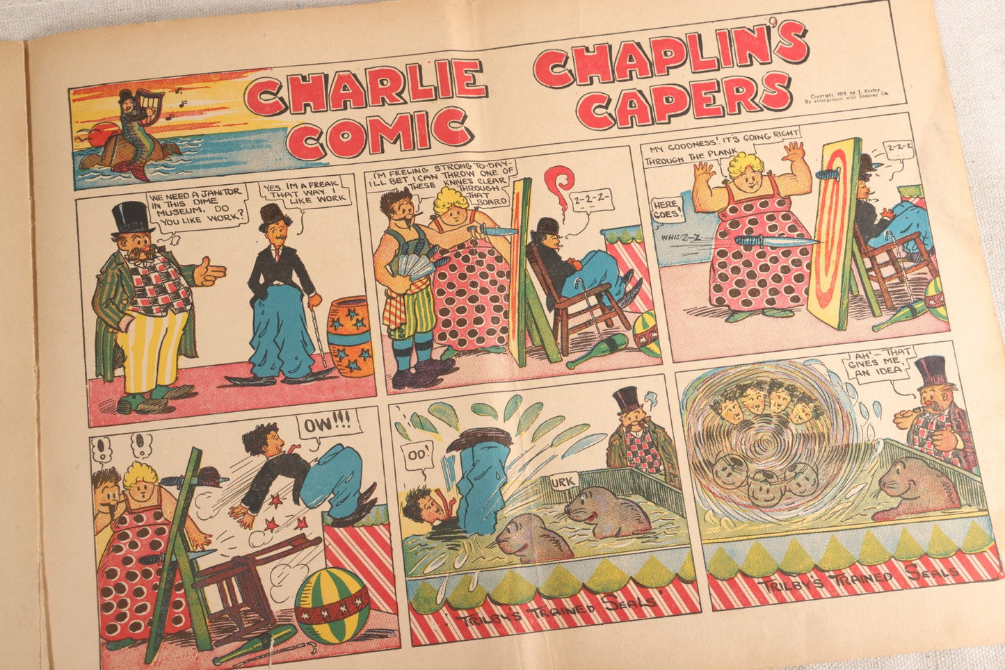 Lot 123 - "Charlie Chaplin's Funny Stunts" Antique Color Illustrated Comic Book, No. 380, Published By M. A. Donohue & Co., Chicago And New York, 1917, Note Large Fold Through Center