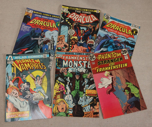 Lot 124 - Grouping Of Six Vintage 1970s Horror Comic Books, Including Marvel's "The Tomb Of Dracula" No. 24, 68, And 70, Atlas's "Planet Of Vampires" No. 2, D.C.'s "The Phantom Stranger" No. 26, And Marvel's "The Frankenstein Monster" No. 12