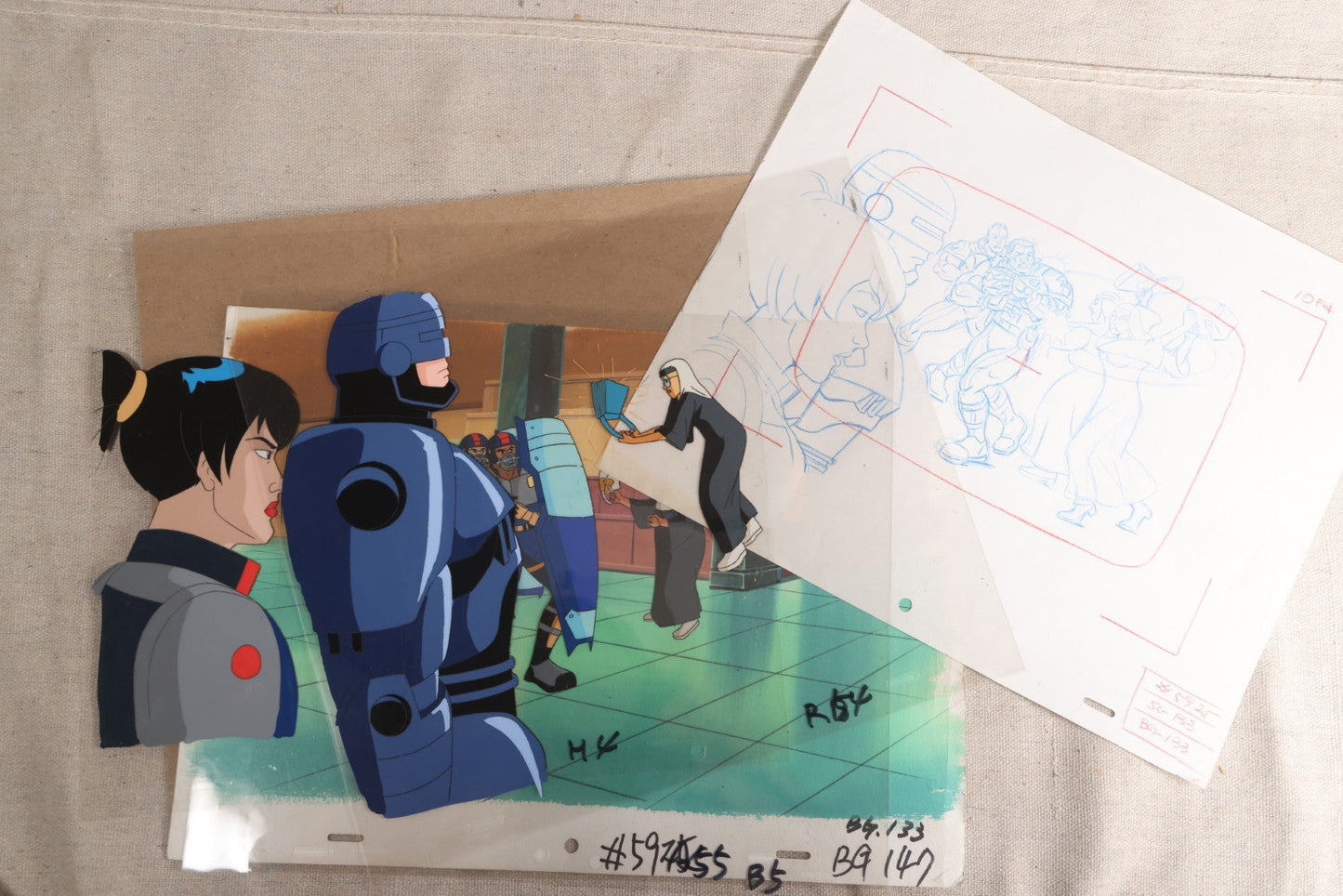 Lot 127 - Grouping Of Eight Vintage "Robocop: Alpha Commando" Production Animation Ephemera, Including Five Animation Cels, Production Sketch Drawing, Background, And Dope Sheet, 1998-1999, M.G.M. Animation