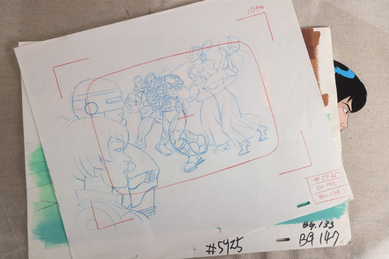 Lot 127 - Grouping Of Eight Vintage "Robocop: Alpha Commando" Production Animation Ephemera, Including Five Animation Cels, Production Sketch Drawing, Background, And Dope Sheet, 1998-1999, M.G.M. Animation