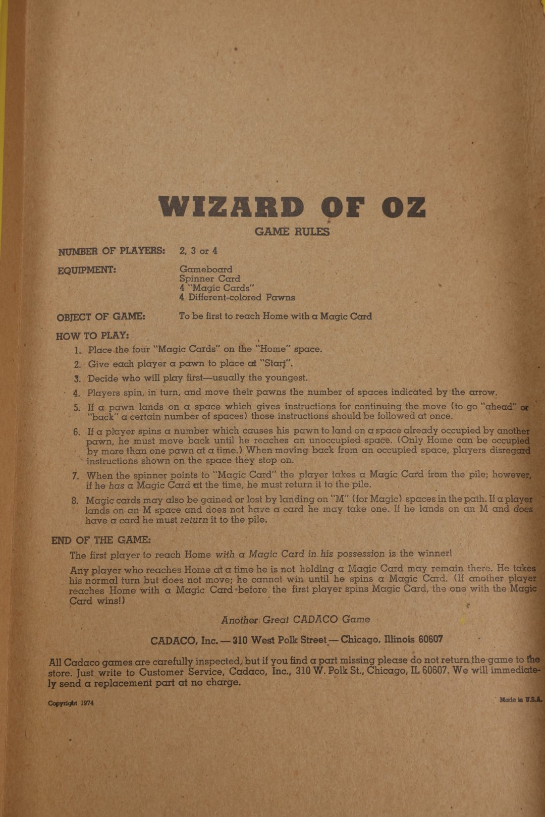 Lot 134 - Vintage "The Wizard Of Oz" Board Game No. 406 By Cadaco Inc., Chicago, Illinois, 1974, In Original Box