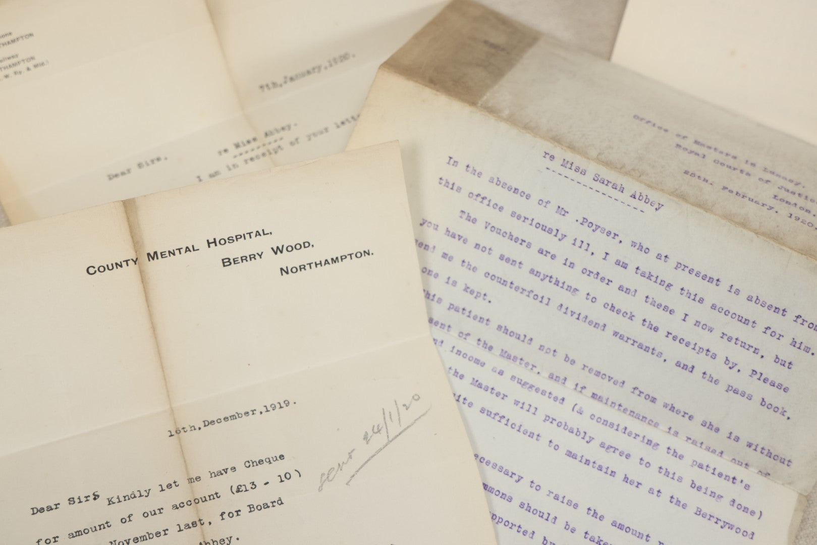 Lot 135 - Grouping Of Antique 1919-1920 Letters Regarding The Institutionalization Of Miss Sarah Abbey, A Civil Patient Displaced By World War I Military Use Of Northampton County Asylum, Berry Wood, Bootham Park York, England