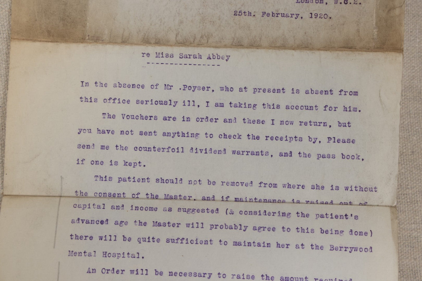 Lot 135 - Grouping Of Antique 1919-1920 Letters Regarding The Institutionalization Of Miss Sarah Abbey, A Civil Patient Displaced By World War I Military Use Of Northampton County Asylum, Berry Wood, Bootham Park York, England