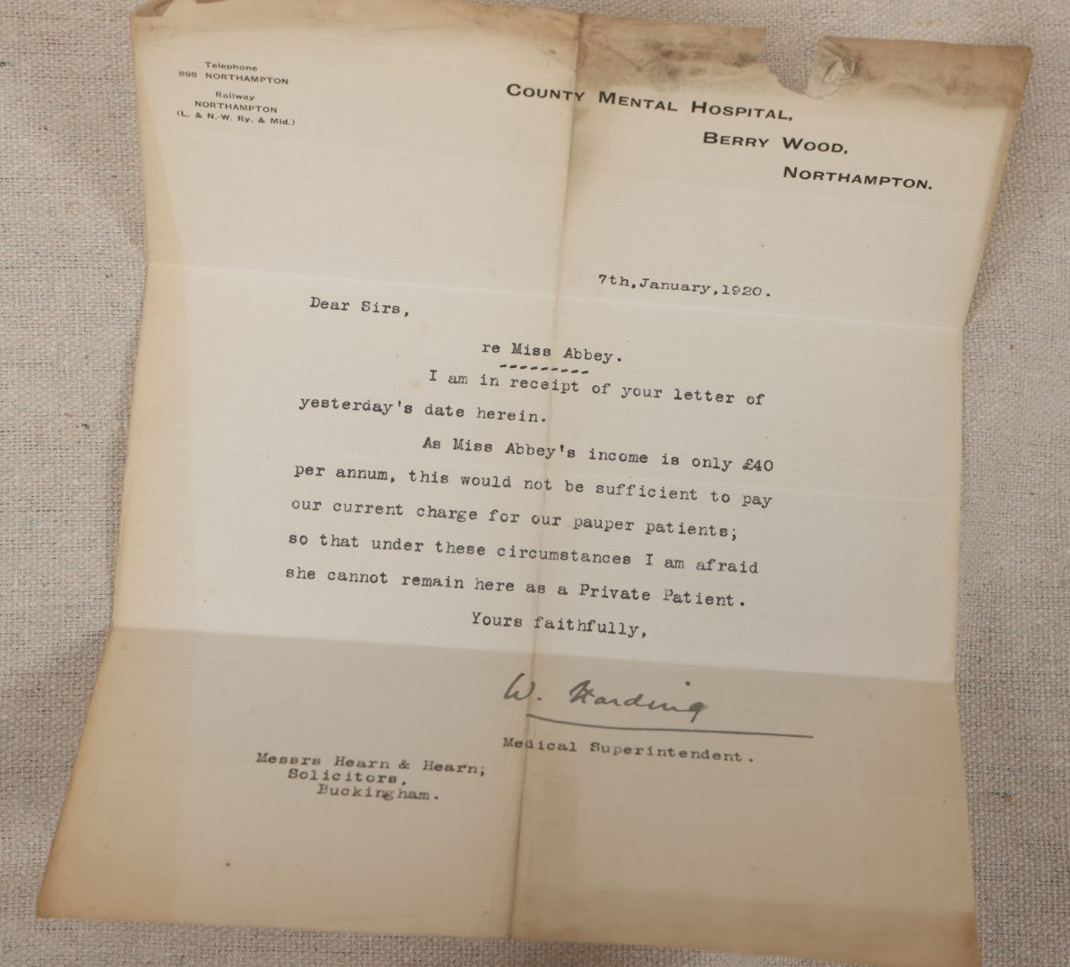 Lot 135 - Grouping Of Antique 1919-1920 Letters Regarding The Institutionalization Of Miss Sarah Abbey, A Civil Patient Displaced By World War I Military Use Of Northampton County Asylum, Berry Wood, Bootham Park York, England