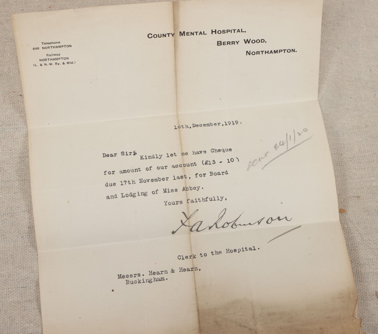 Lot 135 - Grouping Of Antique 1919-1920 Letters Regarding The Institutionalization Of Miss Sarah Abbey, A Civil Patient Displaced By World War I Military Use Of Northampton County Asylum, Berry Wood, Bootham Park York, England