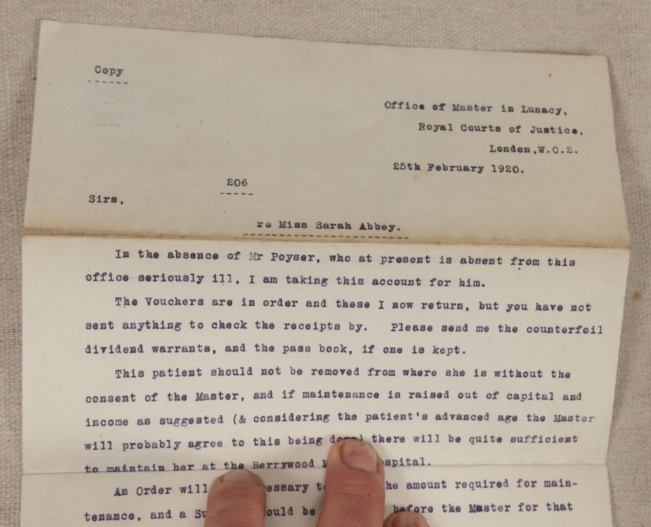 Lot 135 - Grouping Of Antique 1919-1920 Letters Regarding The Institutionalization Of Miss Sarah Abbey, A Civil Patient Displaced By World War I Military Use Of Northampton County Asylum, Berry Wood, Bootham Park York, England