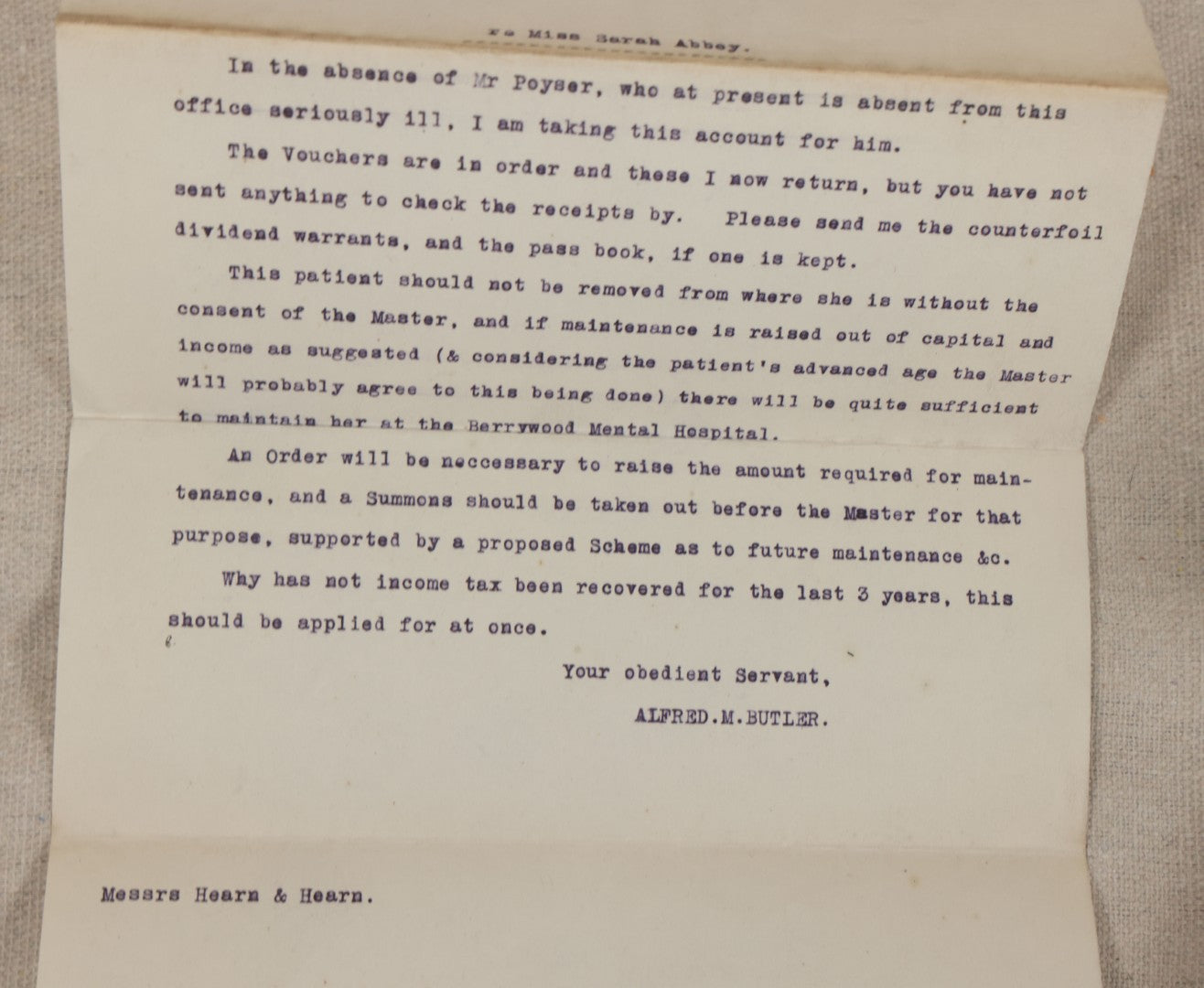 Lot 135 - Grouping Of Antique 1919-1920 Letters Regarding The Institutionalization Of Miss Sarah Abbey, A Civil Patient Displaced By World War I Military Use Of Northampton County Asylum, Berry Wood, Bootham Park York, England