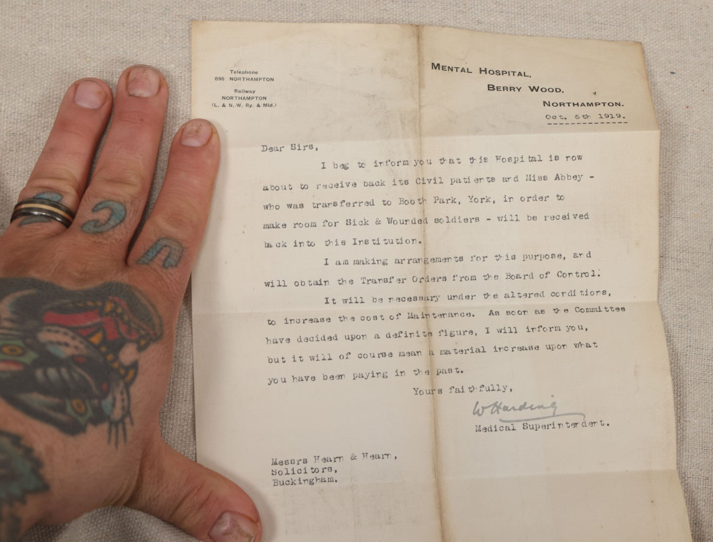 Lot 135 - Grouping Of Antique 1919-1920 Letters Regarding The Institutionalization Of Miss Sarah Abbey, A Civil Patient Displaced By World War I Military Use Of Northampton County Asylum, Berry Wood, Bootham Park York, England