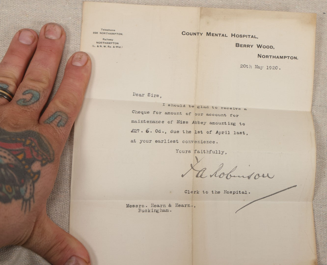 Lot 135 - Grouping Of Antique 1919-1920 Letters Regarding The Institutionalization Of Miss Sarah Abbey, A Civil Patient Displaced By World War I Military Use Of Northampton County Asylum, Berry Wood, Bootham Park York, England