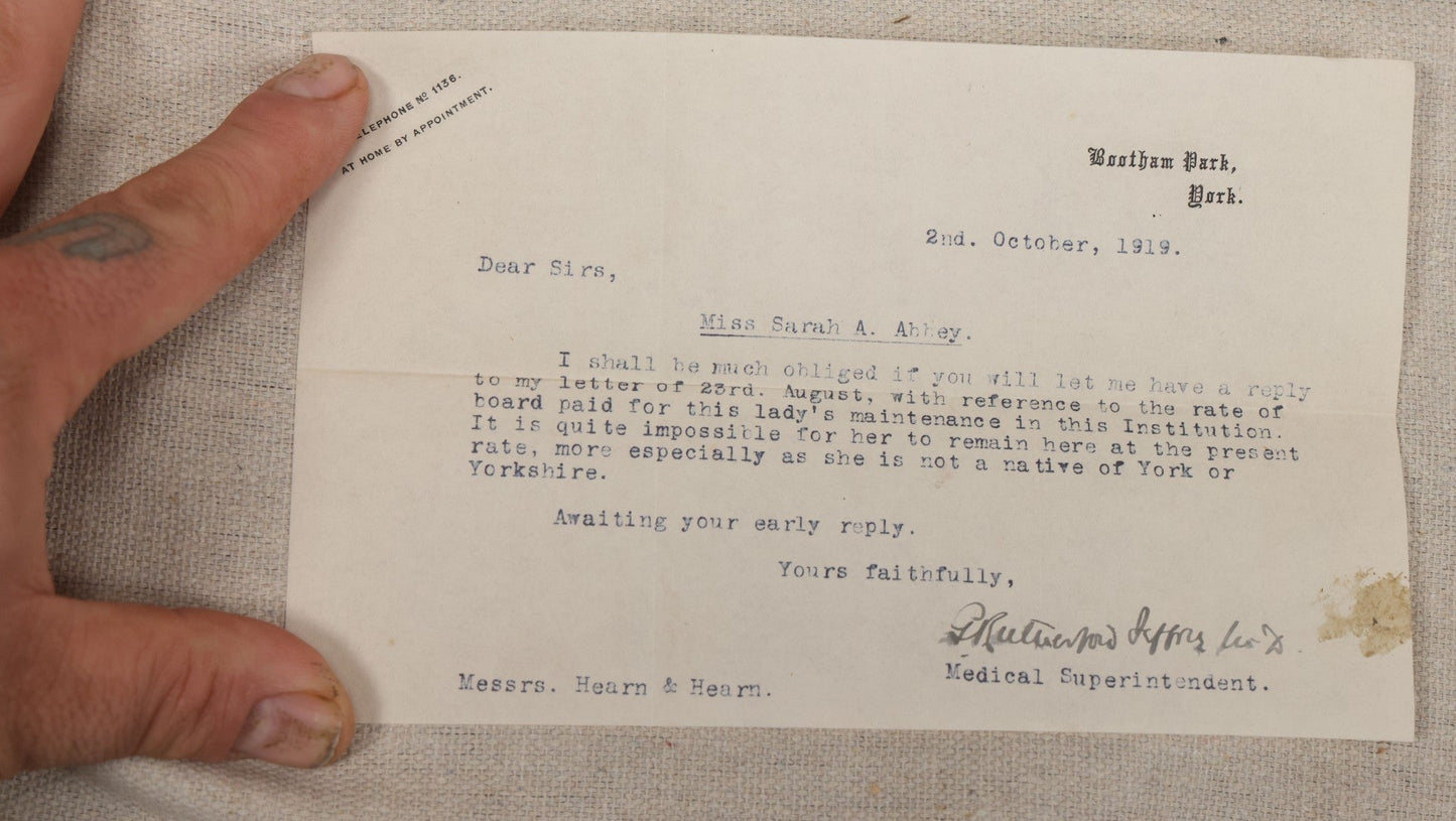 Lot 135 - Grouping Of Antique 1919-1920 Letters Regarding The Institutionalization Of Miss Sarah Abbey, A Civil Patient Displaced By World War I Military Use Of Northampton County Asylum, Berry Wood, Bootham Park York, England