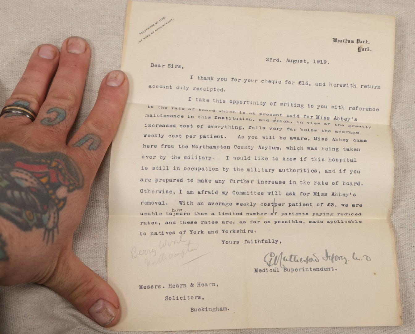Lot 135 - Grouping Of Antique 1919-1920 Letters Regarding The Institutionalization Of Miss Sarah Abbey, A Civil Patient Displaced By World War I Military Use Of Northampton County Asylum, Berry Wood, Bootham Park York, England