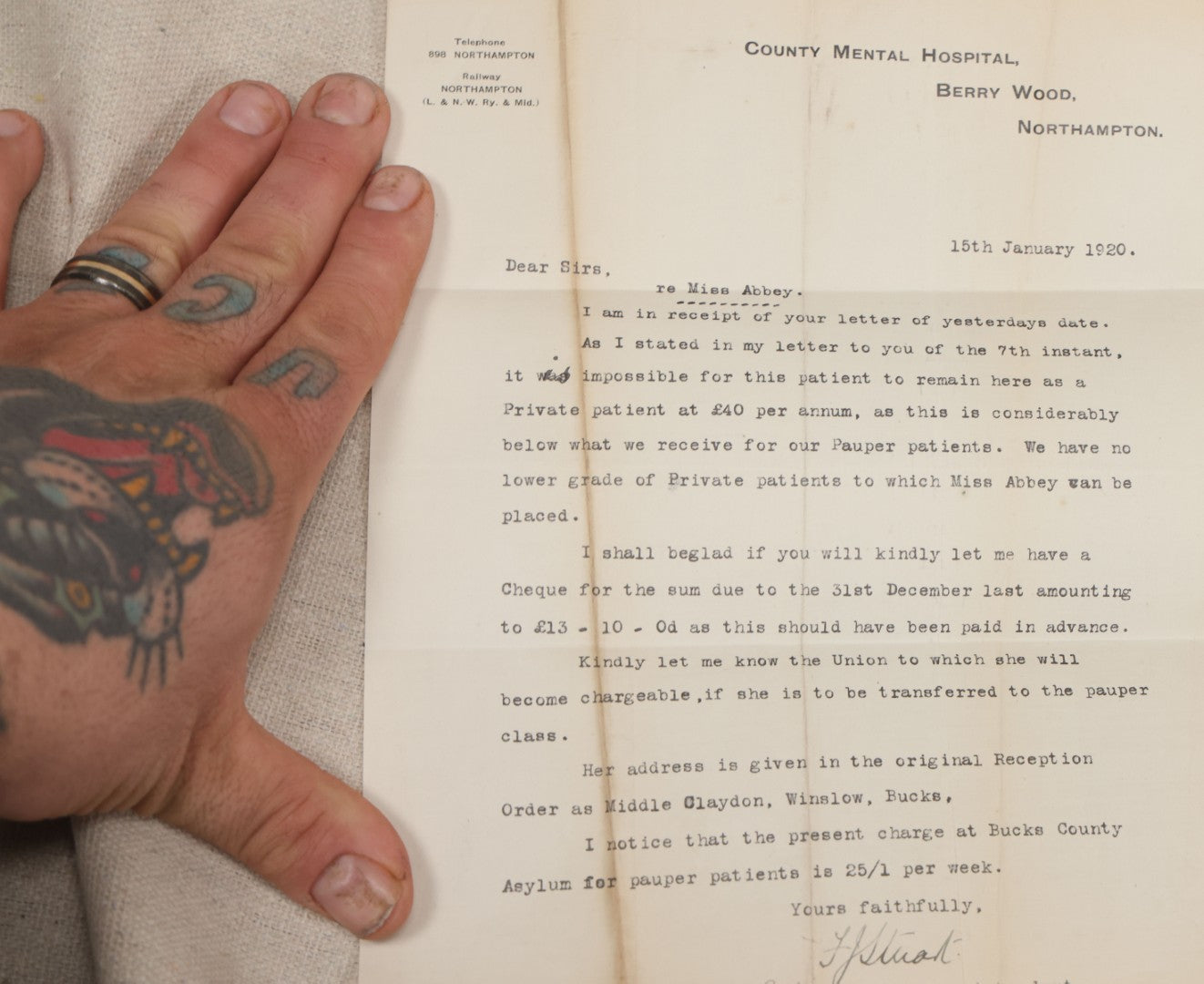 Lot 135 - Grouping Of Antique 1919-1920 Letters Regarding The Institutionalization Of Miss Sarah Abbey, A Civil Patient Displaced By World War I Military Use Of Northampton County Asylum, Berry Wood, Bootham Park York, England
