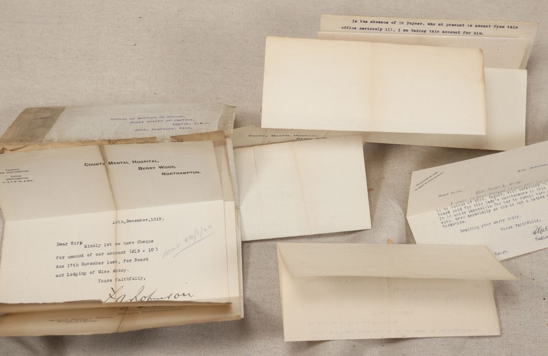 Lot 135 - Grouping Of Antique 1919-1920 Letters Regarding The Institutionalization Of Miss Sarah Abbey, A Civil Patient Displaced By World War I Military Use Of Northampton County Asylum, Berry Wood, Bootham Park York, England