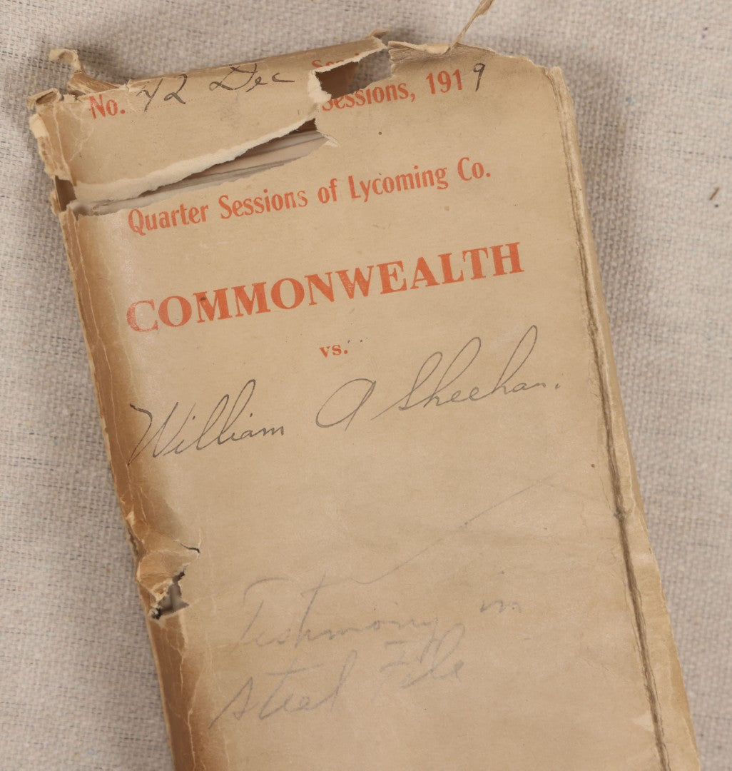 Lot 136 - Grouping Of Antique Lycoming County, Pennsylvania Criminal Court Documents, Commonwealth Vs. William A. Sheehan Involuntary Manslaughter 1920 And Commonwealth Vs. Salvatore Lamanna Et Al. Murder 1914