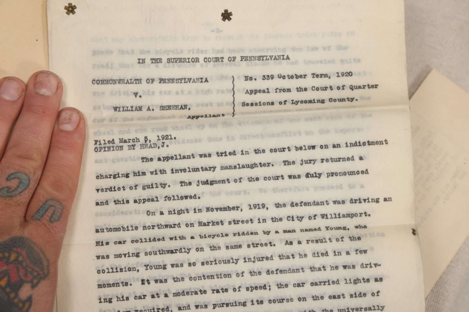 Lot 136 - Grouping Of Antique Lycoming County, Pennsylvania Criminal Court Documents, Commonwealth Vs. William A. Sheehan Involuntary Manslaughter 1920 And Commonwealth Vs. Salvatore Lamanna Et Al. Murder 1914