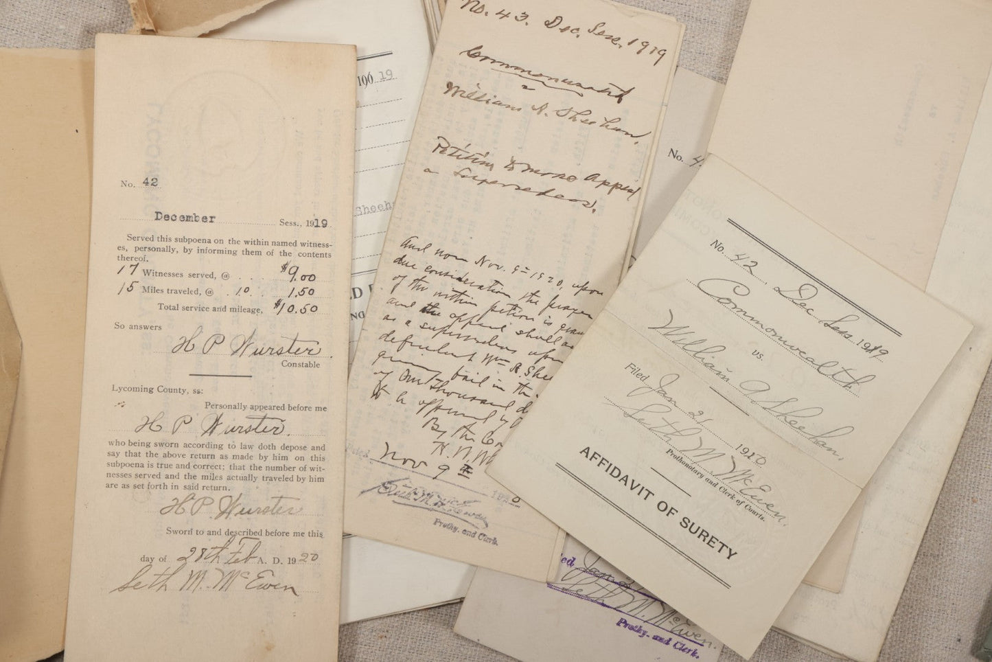 Lot 136 - Grouping Of Antique Lycoming County, Pennsylvania Criminal Court Documents, Commonwealth Vs. William A. Sheehan Involuntary Manslaughter 1920 And Commonwealth Vs. Salvatore Lamanna Et Al. Murder 1914