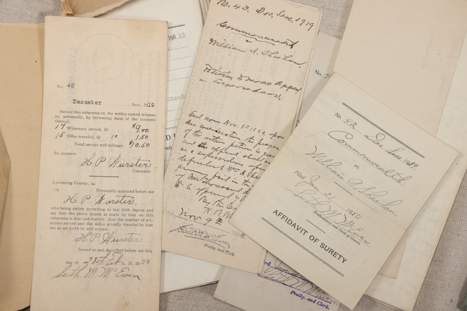Lot 136 - Grouping Of Antique Lycoming County, Pennsylvania Criminal Court Documents, Commonwealth Vs. William A. Sheehan Involuntary Manslaughter 1920 And Commonwealth Vs. Salvatore Lamanna Et Al. Murder 1914