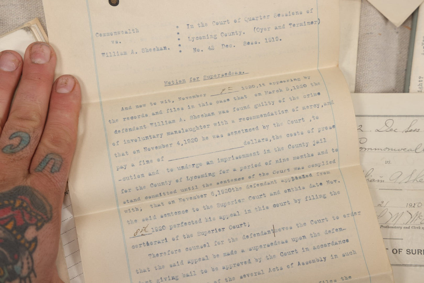 Lot 136 - Grouping Of Antique Lycoming County, Pennsylvania Criminal Court Documents, Commonwealth Vs. William A. Sheehan Involuntary Manslaughter 1920 And Commonwealth Vs. Salvatore Lamanna Et Al. Murder 1914