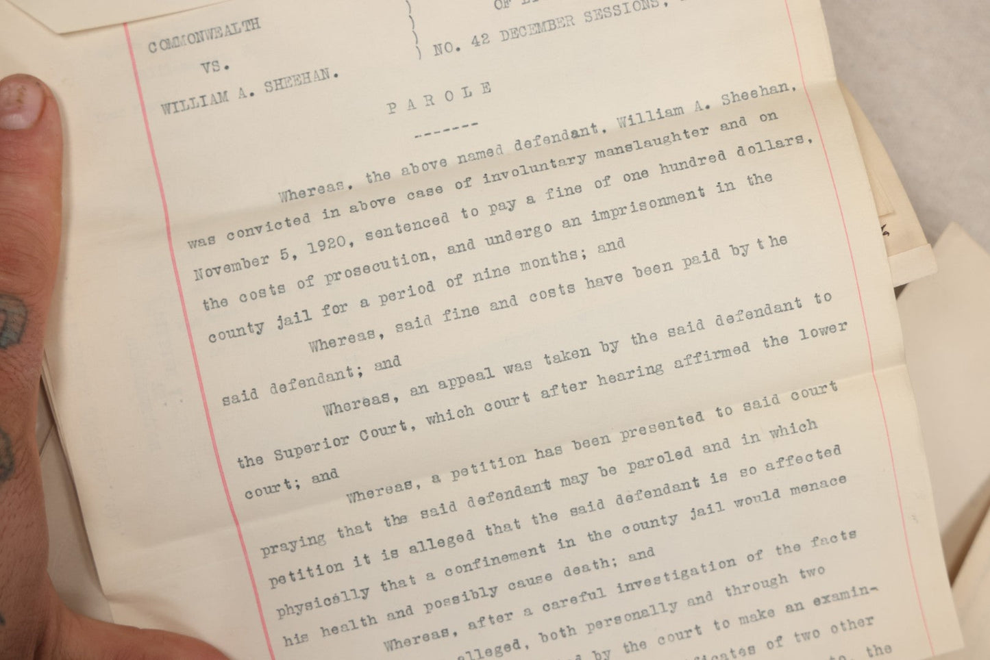 Lot 136 - Grouping Of Antique Lycoming County, Pennsylvania Criminal Court Documents, Commonwealth Vs. William A. Sheehan Involuntary Manslaughter 1920 And Commonwealth Vs. Salvatore Lamanna Et Al. Murder 1914