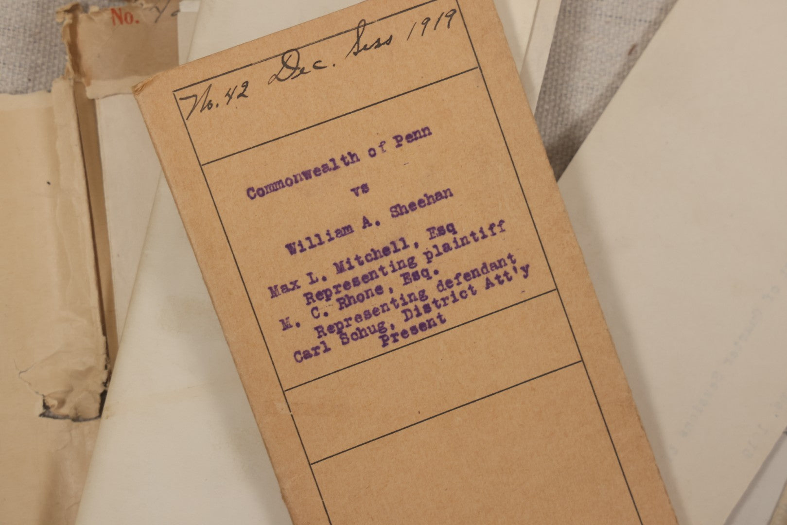 Lot 136 - Grouping Of Antique Lycoming County, Pennsylvania Criminal Court Documents, Commonwealth Vs. William A. Sheehan Involuntary Manslaughter 1920 And Commonwealth Vs. Salvatore Lamanna Et Al. Murder 1914