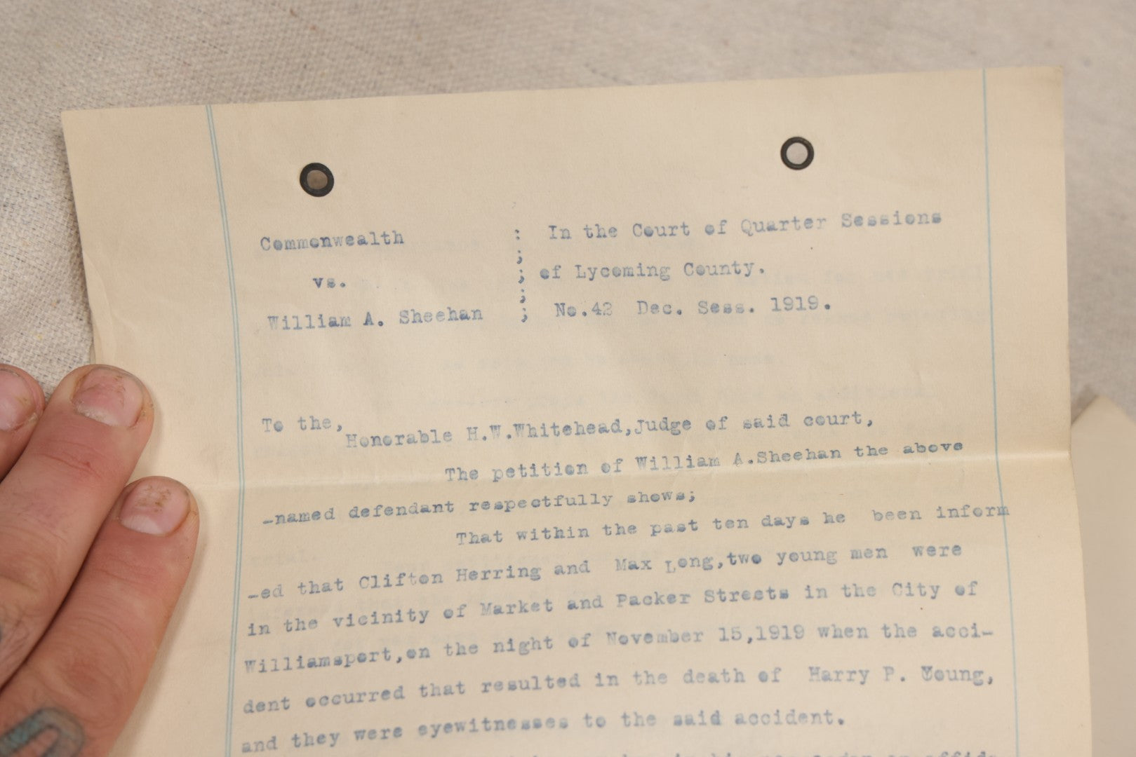 Lot 136 - Grouping Of Antique Lycoming County, Pennsylvania Criminal Court Documents, Commonwealth Vs. William A. Sheehan Involuntary Manslaughter 1920 And Commonwealth Vs. Salvatore Lamanna Et Al. Murder 1914