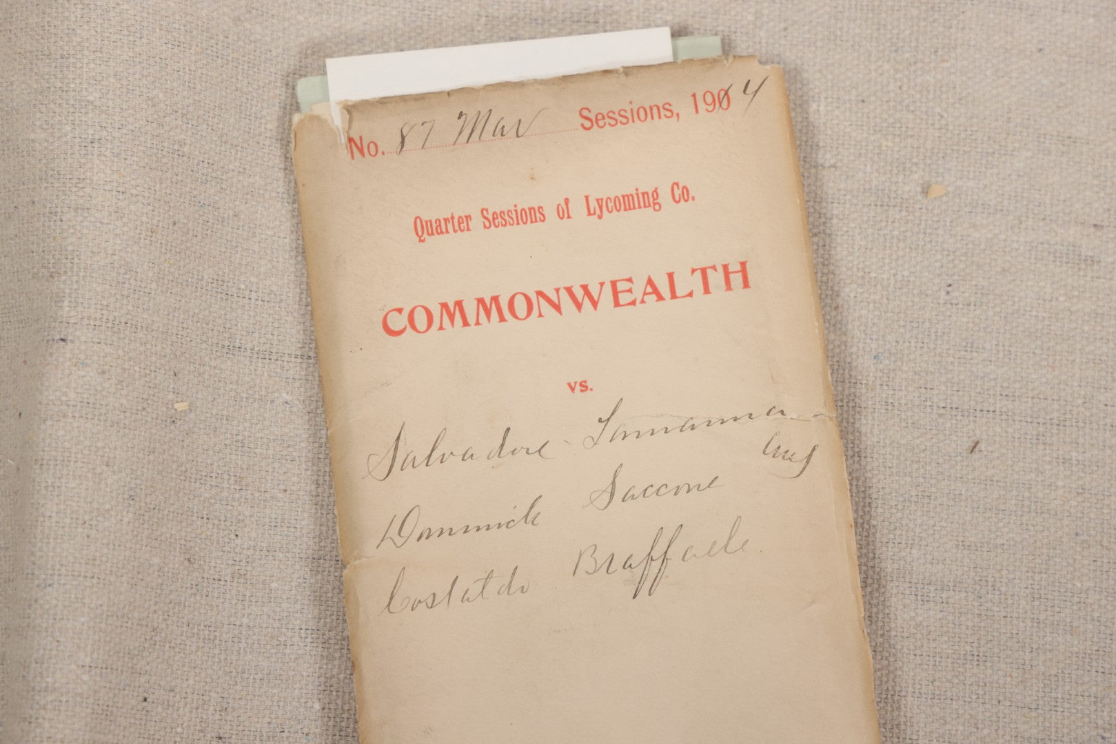 Lot 136 - Grouping Of Antique Lycoming County, Pennsylvania Criminal Court Documents, Commonwealth Vs. William A. Sheehan Involuntary Manslaughter 1920 And Commonwealth Vs. Salvatore Lamanna Et Al. Murder 1914