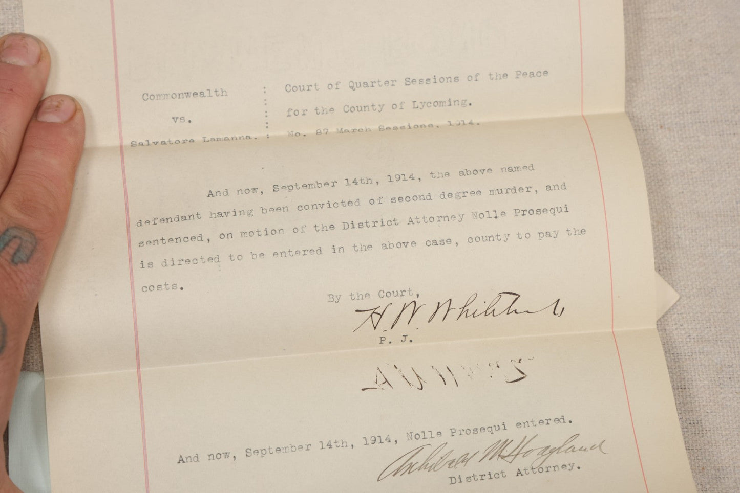 Lot 136 - Grouping Of Antique Lycoming County, Pennsylvania Criminal Court Documents, Commonwealth Vs. William A. Sheehan Involuntary Manslaughter 1920 And Commonwealth Vs. Salvatore Lamanna Et Al. Murder 1914