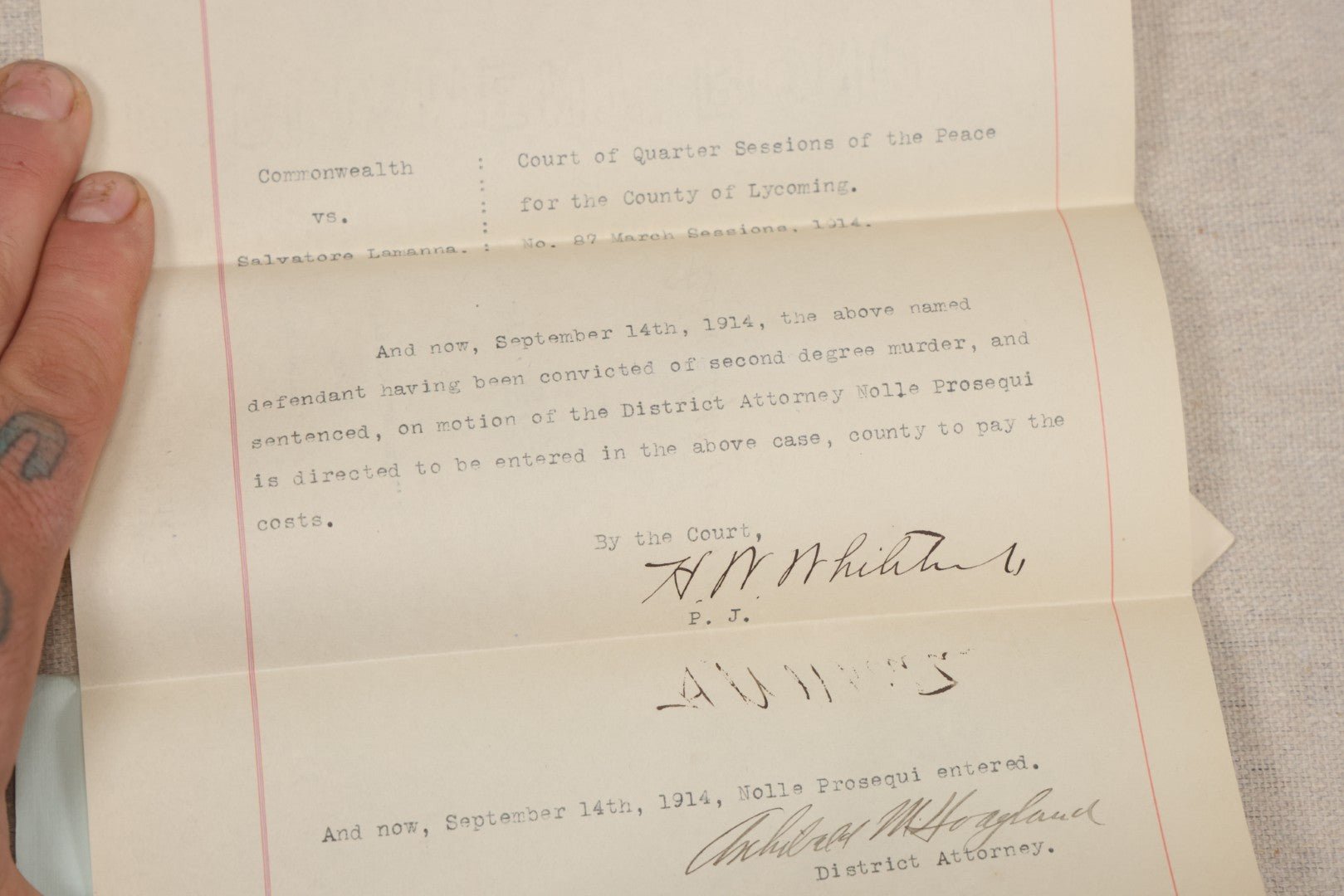 Lot 136 - Grouping Of Antique Lycoming County, Pennsylvania Criminal Court Documents, Commonwealth Vs. William A. Sheehan Involuntary Manslaughter 1920 And Commonwealth Vs. Salvatore Lamanna Et Al. Murder 1914