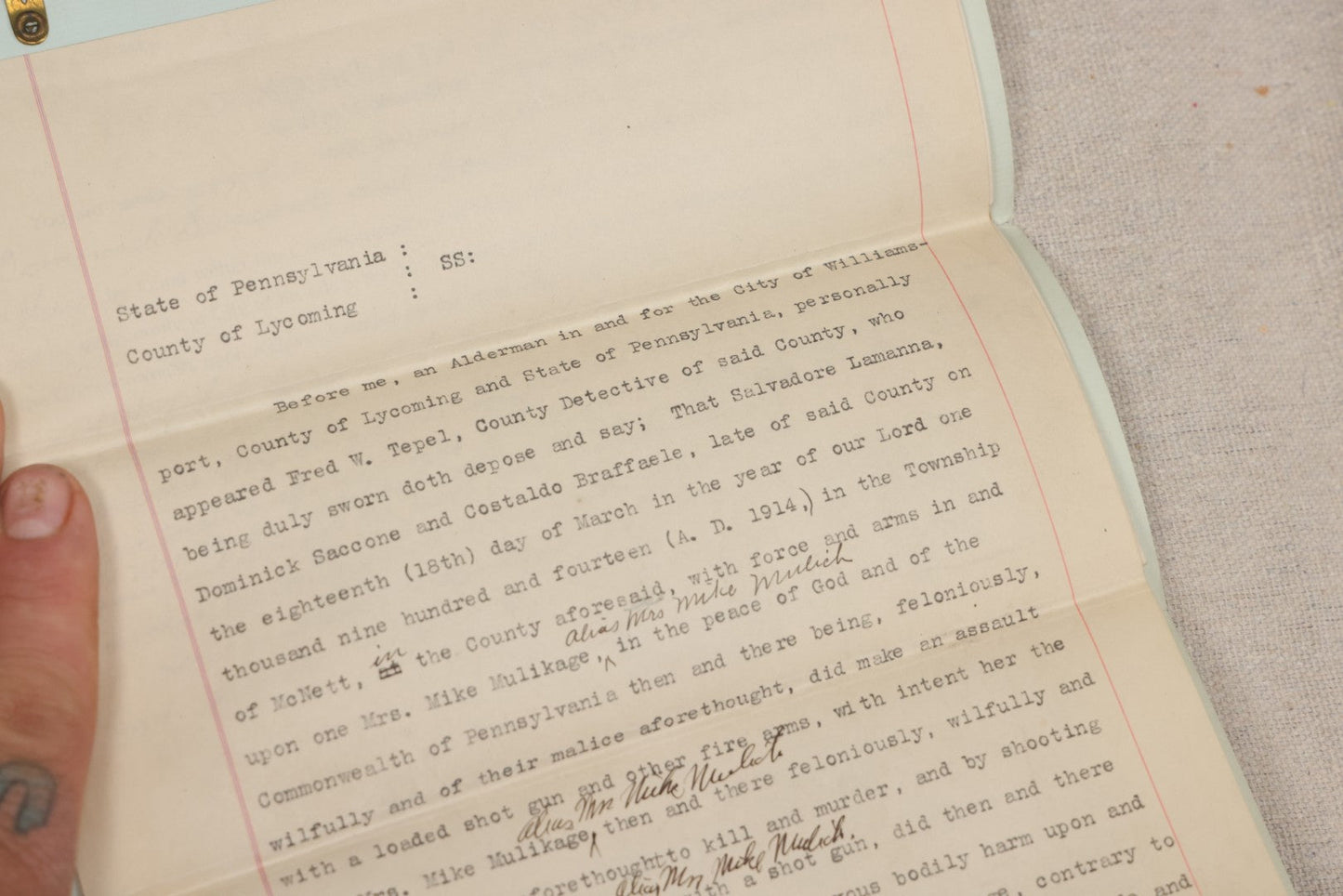 Lot 136 - Grouping Of Antique Lycoming County, Pennsylvania Criminal Court Documents, Commonwealth Vs. William A. Sheehan Involuntary Manslaughter 1920 And Commonwealth Vs. Salvatore Lamanna Et Al. Murder 1914