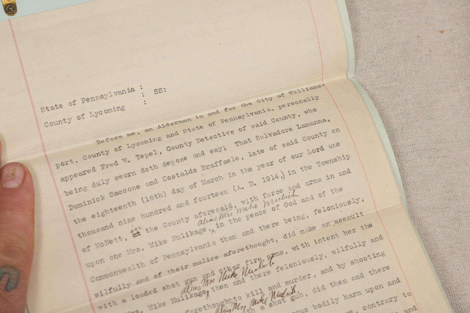 Lot 136 - Grouping Of Antique Lycoming County, Pennsylvania Criminal Court Documents, Commonwealth Vs. William A. Sheehan Involuntary Manslaughter 1920 And Commonwealth Vs. Salvatore Lamanna Et Al. Murder 1914