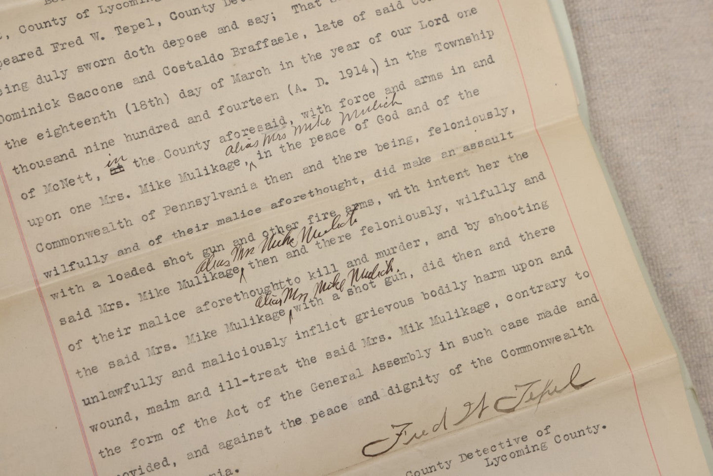 Lot 136 - Grouping Of Antique Lycoming County, Pennsylvania Criminal Court Documents, Commonwealth Vs. William A. Sheehan Involuntary Manslaughter 1920 And Commonwealth Vs. Salvatore Lamanna Et Al. Murder 1914