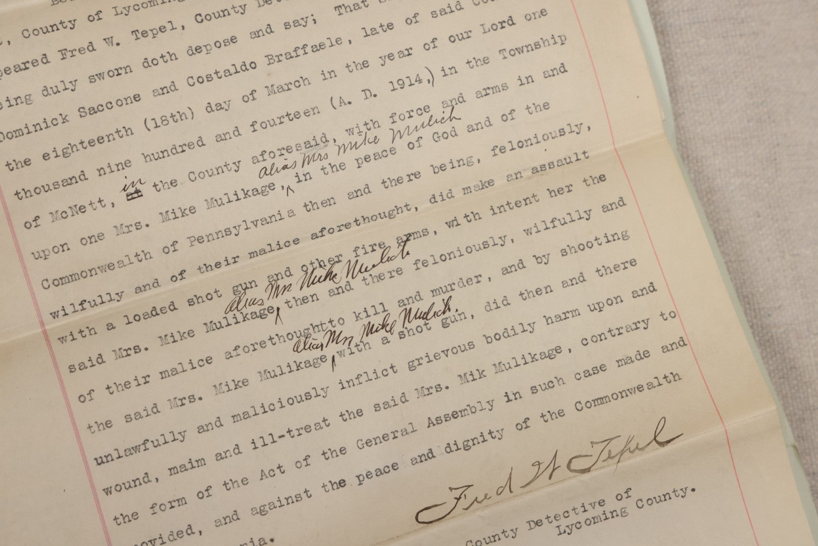 Lot 136 - Grouping Of Antique Lycoming County, Pennsylvania Criminal Court Documents, Commonwealth Vs. William A. Sheehan Involuntary Manslaughter 1920 And Commonwealth Vs. Salvatore Lamanna Et Al. Murder 1914